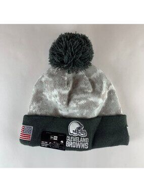 Cleveland Browns Brown Beige White New Era Salute to Service Pom Knit Beanie New